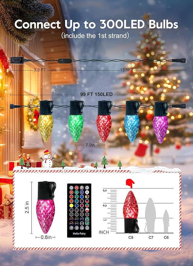 Brightown C9 LED Christmas Lights Outdoor 150LED RGB Smart Christmas Tree Lights Music Sync DIY APP Controlled Waterproof Connectable C9 String Lights for House Indoor Patio Xmas Decoration