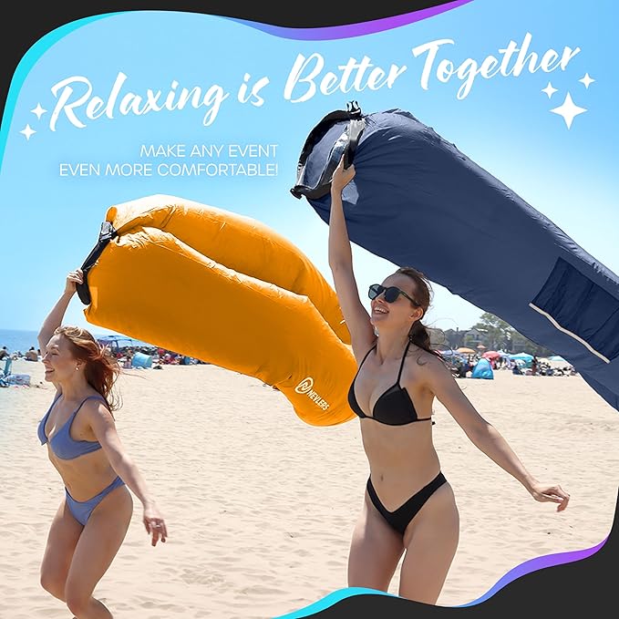 Nevlers Navy &amp Saffron Inflatable Lounger 2 Pack | 210T Polyester Blow Up Couch | No-Pump Inflatable Chair Set | Air Couch w/ 450 lbs. Capacity Pockets &amp Carry Bags for Use as Beach Accessori