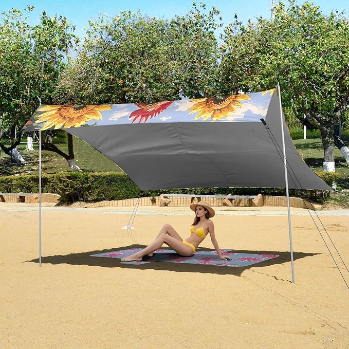 Beach Tent Sun Shelter Rooster Sunflower Lightweight &amp Easy Setup Beach Shade Canopy for Camping Fishing