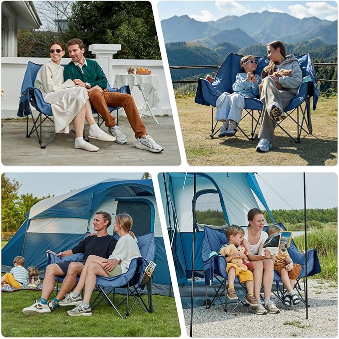 PORTAL Double Camping Chair 2 Person Folding Loveseat for Adults Padded Cushion Camp Lawn Love Seat with Side Pocket Portable Couch Two Person Heavy Duty Wide Chairs with Cup Holder 600 lbs