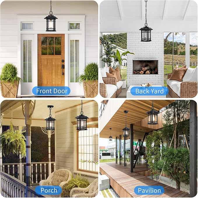 Dusk to Dawn Pendant Lights - 10.25'' Black Exterior Hanging Lanterns Farmhouse Outdoor Ceiling Light Fixture Waterproof Tempered Seed Glass Chandelier 1Pack