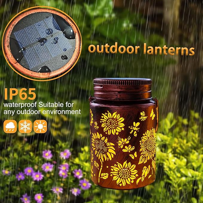 2pack Sunflower Solar Lanterns Outdoor Solar Mason jar Lights Hanging Waterproof Metal Lanterns for Patio Pathway Yard (Sunflower 2pack)
