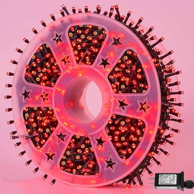 QITONG 500LED Red String Lights 165ft Christmas Lights Outdoor Waterproof with Plug in Green Wire Twinkle Fairy Lights Indoor with 8 Modes