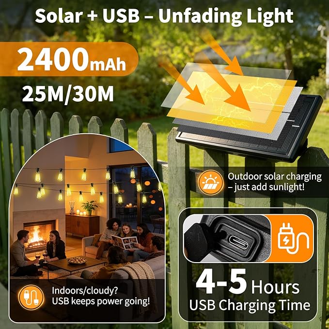 Solar Lights Outdoor Waterproof: ST38 82FT 25M Shatterproof Bulbs Patio Lights - Solar Powered &amp USB Charging- Remote Control 3 Light Modes Dimmable Solar Light - Camping Backyard Garden