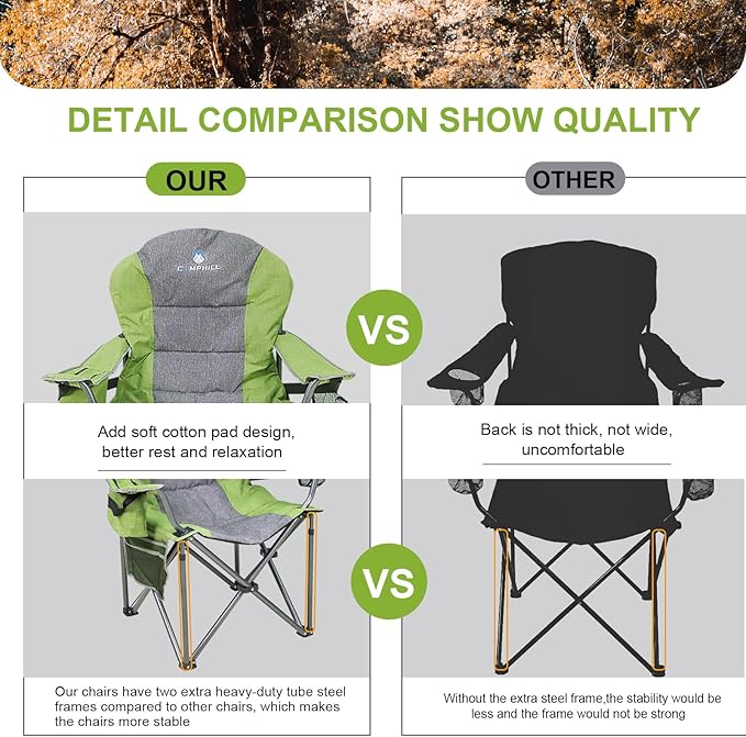 Northroad Oversized Portable Camping Chair Full Padded Outdoor Folding Chair Support 350 LBS Heavy Duty Lawn Chair with Cup Holder Cooler Bag Lumbar Support Head Pocket for Adult (Green)
