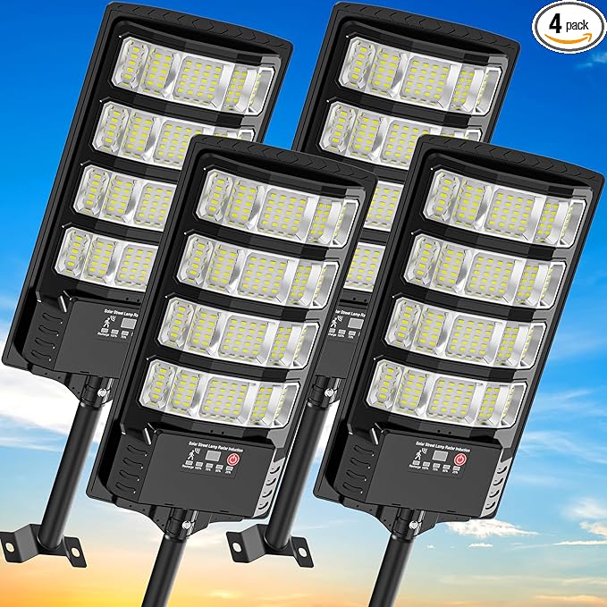 Solar Street Lights Outdoor Waterproof 28000LM 6500K 320° Angle Flood light5730 LED Solar Parking Light with Motion Sensor and Remote Control for Outdoor Streets CourtyardsParking Garages-4Pack