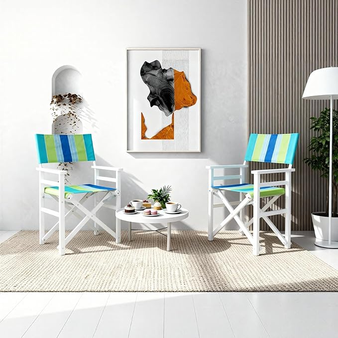 VINGLI Widen Folding Director Chair Set of 2 with Sturdy Wooden Frame &amp Beige Canvas Portable Durable for Outdoor Patio Camping Use Green and Blue Strip