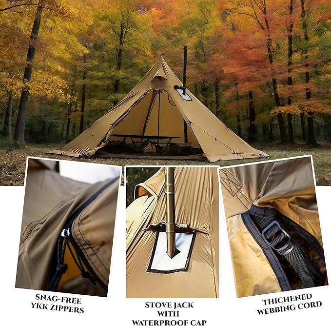 Hot Tent with Stove Jack &amp Snow Skirt 4-Season 3-4 Person 4.8lb Waterproof &amp Windproof Ideal for Camping Backpacking Hiking Hunting and Fishing Polyester Brown