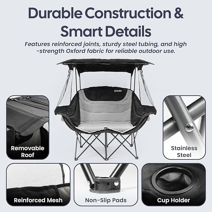 Double Camping Chair with Canopy Folding Two-Person Seat Portable Outdoor Loveseat with Shade Folding Chair for Beach Lawn and Outdoor Activities