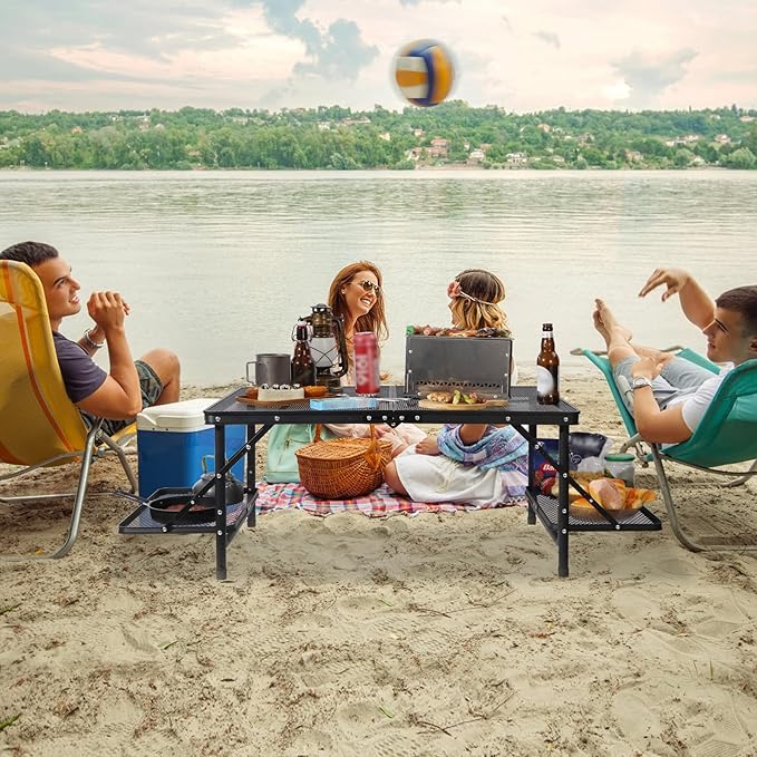 REDCAMP 36x24 Folding Grill Table for Outside with 2 Side Tables Lightweight Portable Metal Aluminum Outdoor Grill Table with Adjustable Height Legs Great for Camping Picnic Cooking BBQ Black 3ft