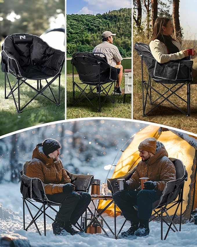 NAIZEA Heated Camping Chair Oversized Heated Folding Outdoor Chair for Adults with 3 Heat Levels Portable Foldable Patio Lounge Chair for Sports Outdoors Camp Battery NOT Included