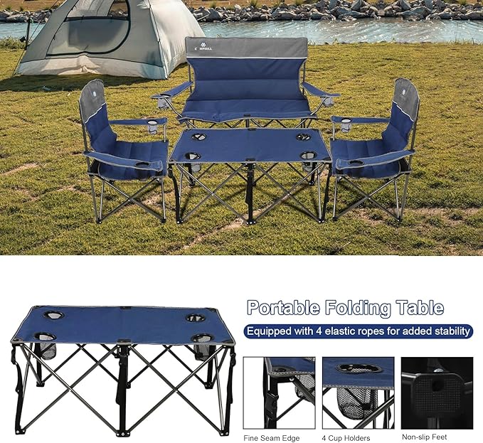 CAMPHILL Camping Chair Set of 3 Outdoor Folding Camping Chairs for Heavy People with Cup Holder &amp Carry BagCollapsible Chair Include One Sofa Chair and Two Single ChairSupport up to 500lbs