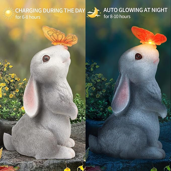 Garden Statue Outdoor Decor-Rabbit with Solar Butterfly Changing Lights Garden StatuesBunny Statue for PatioBalconyYardLawn OrnamentGardening Gifts for Mom Grandma