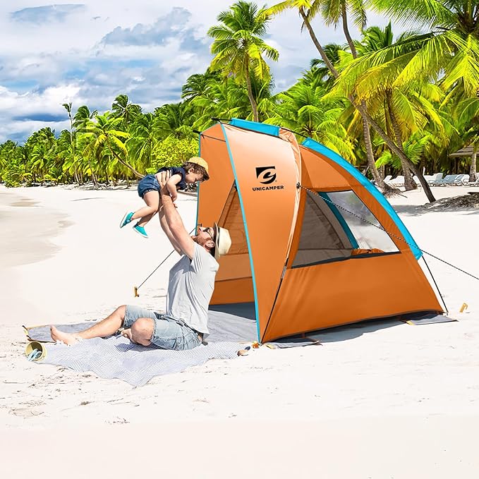 Beach Tent 2-3 Person Sun Shelter UPF 50+ with Extended Waterproof Pe Floor &amp 3 Mesh Roll Up Windows Fits Portable Beach Shade Easy Setup for Outdoor Camping Indoor Fishing Yard. (Orange)