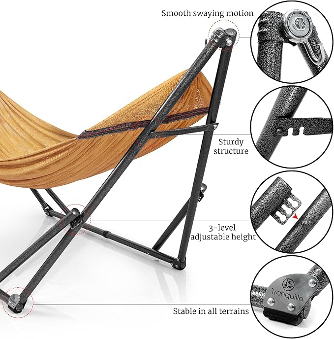 Tranquillo Universal Double Hammock with Stand Included for 2 Persons 600 lbs Capacity Portable Foldable with Case - Indoor Outdoor Camping Yellow
