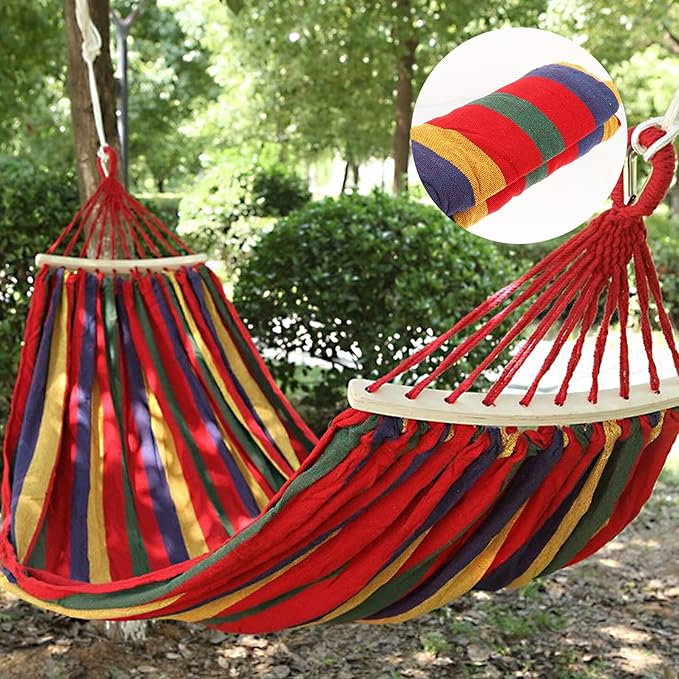 Veemoon Travel Outdoor Camping Single Hammock Portable Canvas Widen Swing Hammock 200x100cm Red Striped for Backpacking and Hiking