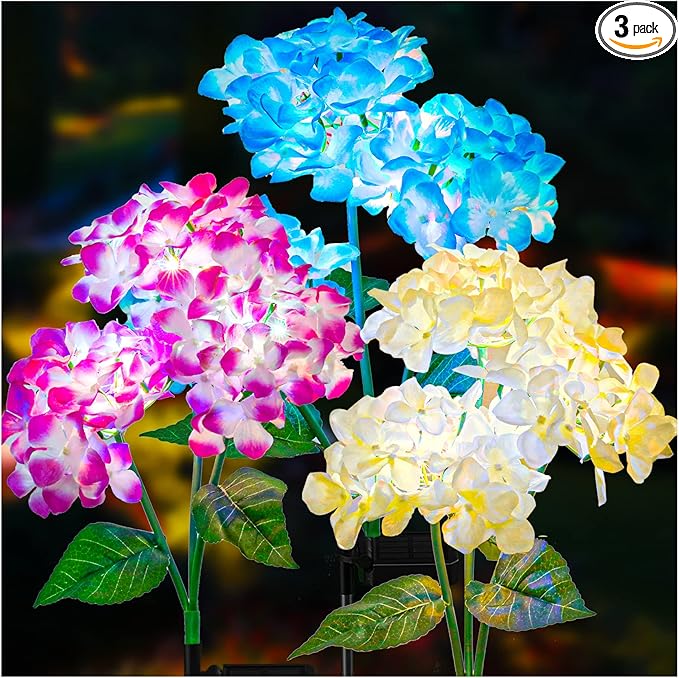 TONULAX Solar Garden Lights - 3 Pack Upgraded Version Outdoor Lights Colorful Hydrangea Flower Light for Yard Decor Garden Decoration Two Lightning Modes &amp Enlarged Solar Panel