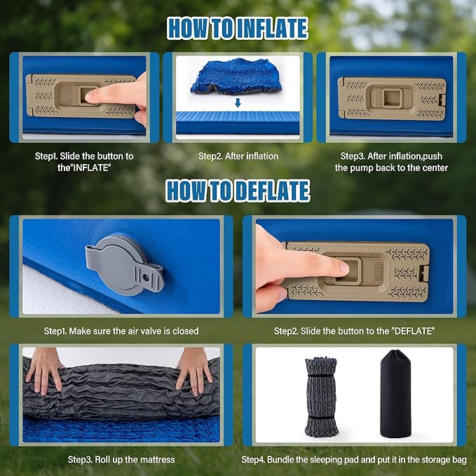 Self Inflating Double Sleeping Pad for Camping with Electric Pump 4 Inch Ultra Thick Memory Foam 2 Person Inflatable Sleeping Pad All Season Full Size Portable Camping Mattress for Travel Tent (Blue)