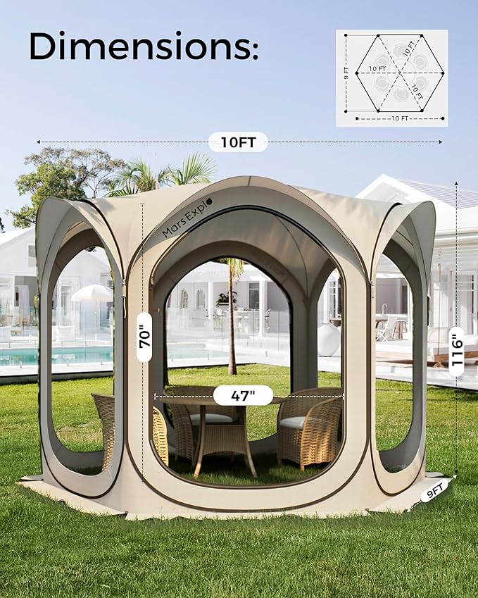 10X10FT Pop-Up Screen House Tent Portable Instant Screen Room Canopy with Mesh Doors and Carry Bag for Patio Backyard Deck Camping Outdoor Pop up Gazebo Popup Canopy Tent Beige