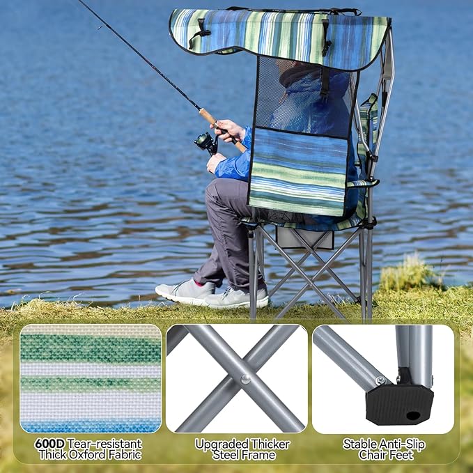 Folding Camping Chair with Reinforced Shade Canopy Comfortable Wide Seat with Cup Holder and Side Pocket Portable Outdoor Chair for Beach Fishing Sports Lawn Supports 350 LBS (2 Pack)