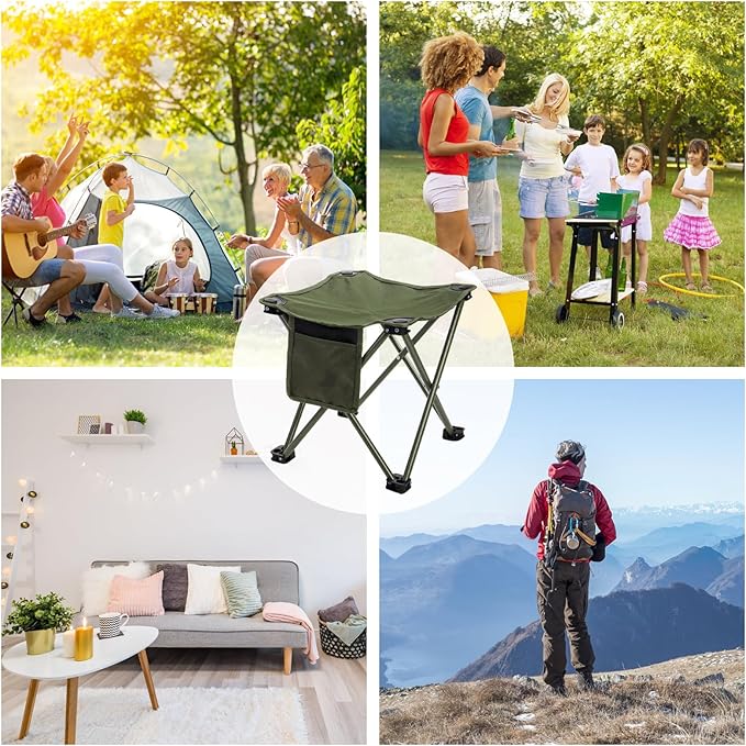 2 Pack Camping Stool Compact Camping Chair Portable 13 Inch Lightweight Folding Stool Seat with Side Pocket and Carry Bag for Outdoor Hiking Fishing Picnic Beach and Lawn Party Green