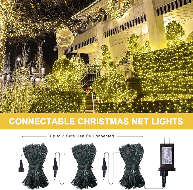 JMEXSUSS 360 LED Christmas Net Lights Outdoor Waterproof Connectable 12ft x 5ft Net Lights Outdoor Mesh Lights with Remote Plug in Warm White Net Lights for Bushes Shrubs Christmas Decorations