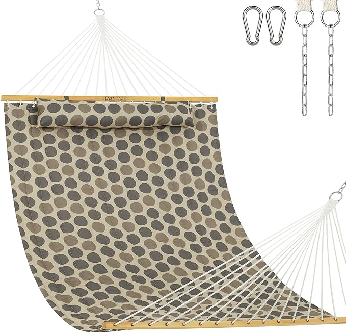 Lazy Daze Hammocks 12FT Quilted Fabric Hammock with Soft Pillow Double 2 Person Tree Hammock with Spreader Bar for Outside Patio Poolside Backyard Beach 450 lbs Capacity Amber Dots
