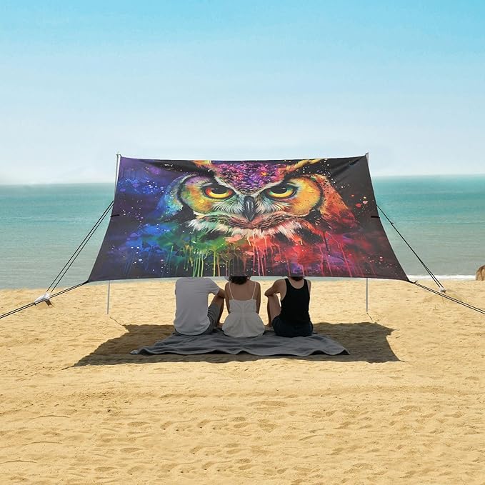 ALAZA Owl Portrait Rainbow Color Beach Tent Sun Shelter UPF50+ Protection Beach Shade Canopy w/ 4 Sandbags for Outdoor Camping Fishing Backyard Fun Picnic 10x9 ft