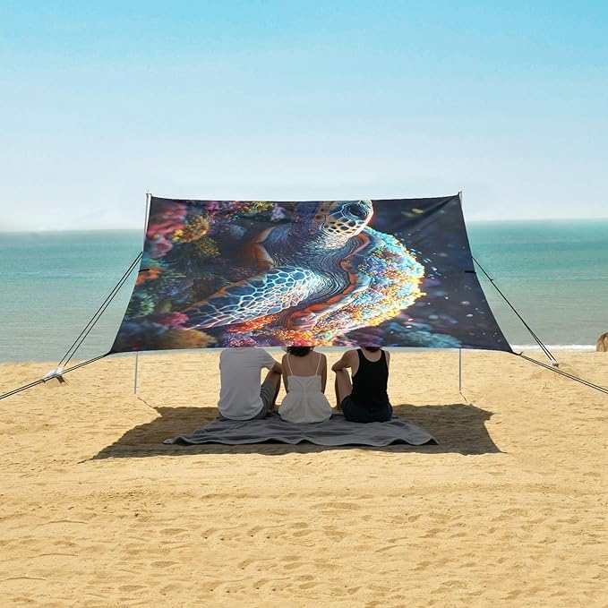 ALAZA Sea Turtle Corals Beach Tent Sun Shelter UPF50+ Protection Beach Shade Canopy w/ 4 Sandbags for Outdoor Camping Fishing Backyard Fun Picnic 10x9 ft