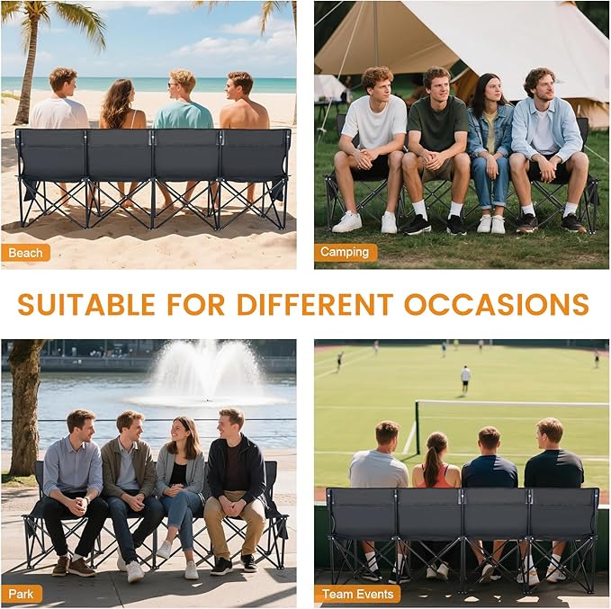 LILYPELLE Portable Bench 4 Seat Soccer Benches for Team Folding Soccer Bench Chair Sideline Benches Camping Chairs for Football Camp Sport Events Outdoor Seating with Carry Bag 2Pack