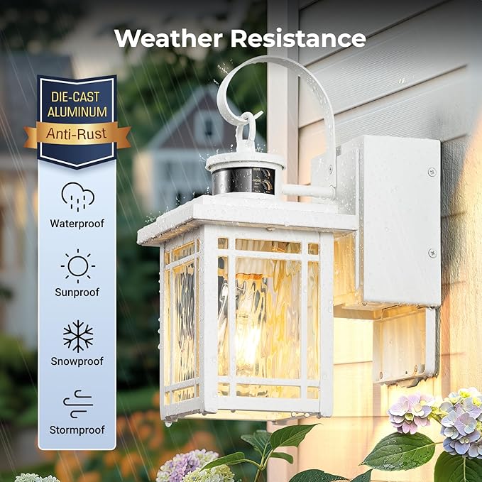 Outdoor Porch Light with GFCI Outlet White Exterior Lighting Fixtures Wall Mount Motion Sensor Outdoor Wall Sconce Anti-Rust Coach Lights for Garage Modern Patio Lantern Lights for House