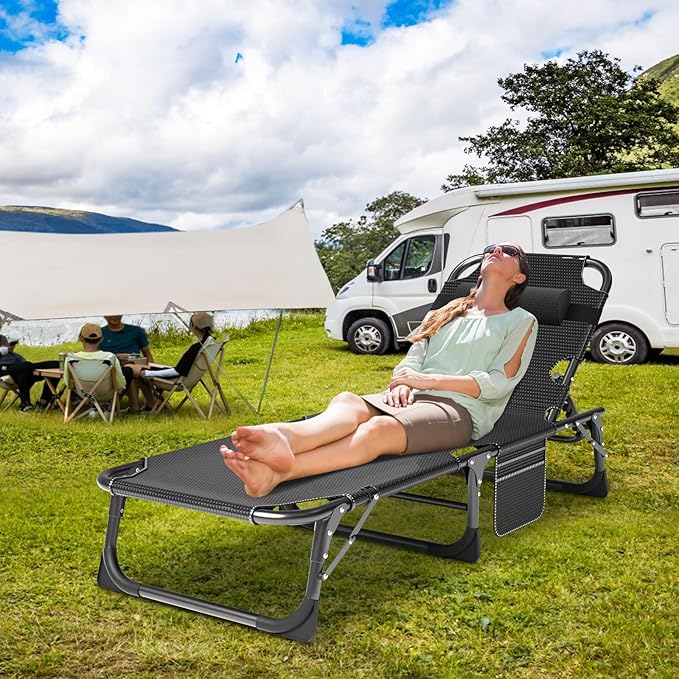 Slsy Sleeping Cots for Adults 5-Position Folding Chaise Lounge Chairs Outdoor Portable Folding Bed Cot Lounge Chair for Beach Lawn Camping Pool Sun Tanning