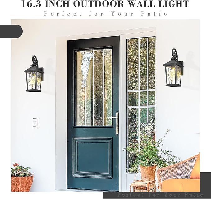 Emliviar Outdoor Porch Light 16 Inch Farmhouse Wall Mount Fixture with Water Glass Shade Matte Black Carriage Light for House Yard Garden Patio WE301B-SD BK