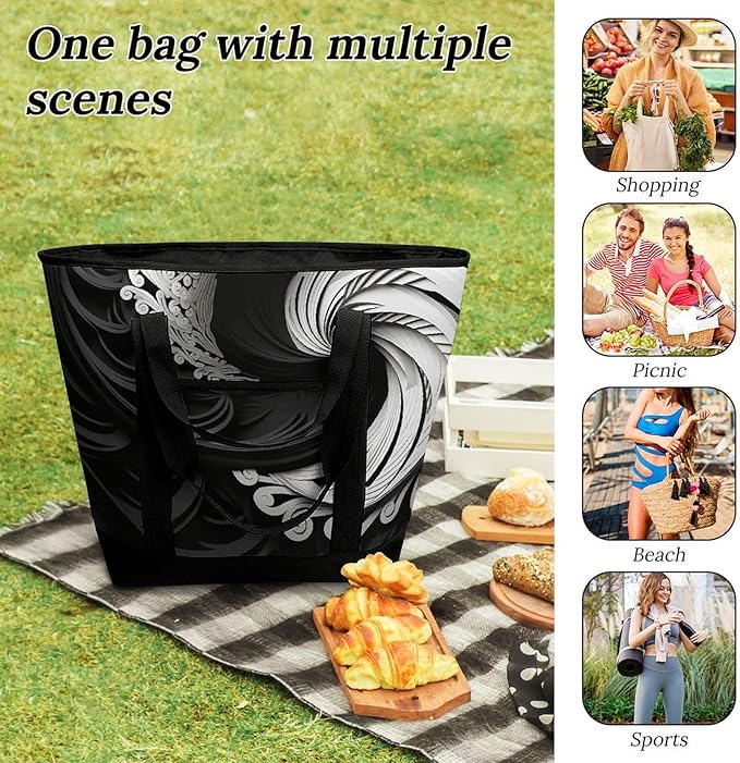 Insulated Shopping BagLarge Reusable Cooler Bags Black And White Image Printed Foldable Shopping BagTravel Waterproof Shoulder Bag