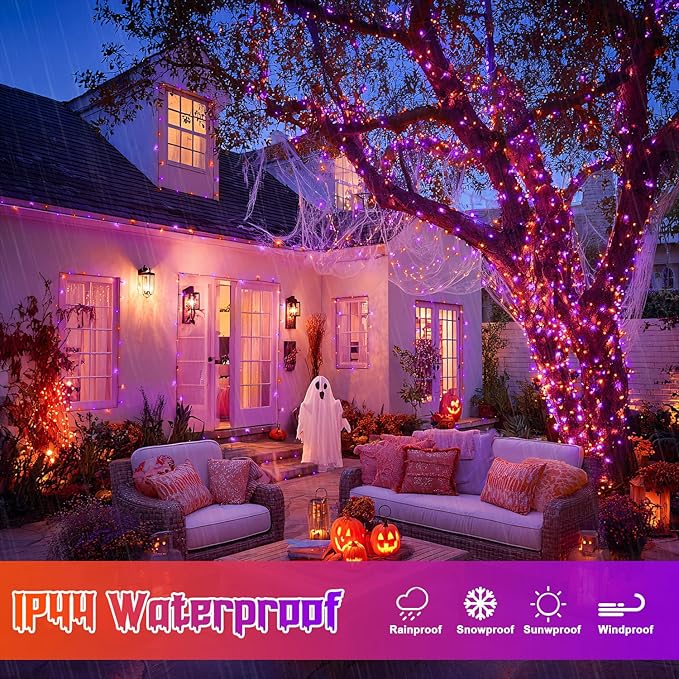 JMEXSUSS Orange and Purple Halloween Lights Battery Operated Each 33 FT Indoor Halloween Lights Outdoor Waterproof 2 Pack 100 LED Christmas Light for Christmas Tree Decor