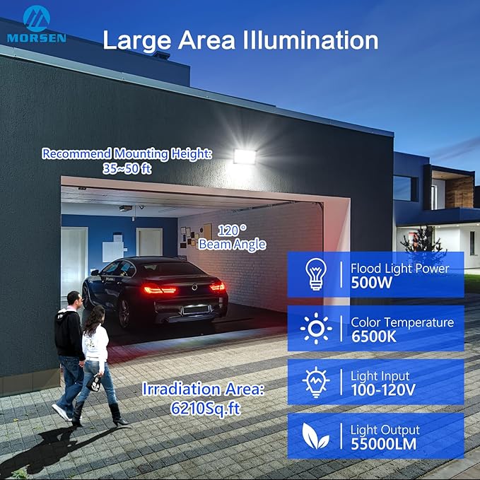 MORSEN 500W Flood Lights Outdoor 60000lm Bright LED Work Light with Plug 6500K Daylight White LED Flood Lighting IP66 Waterproof Security Yard Lights for Yard Garage Stadium 2 Pack