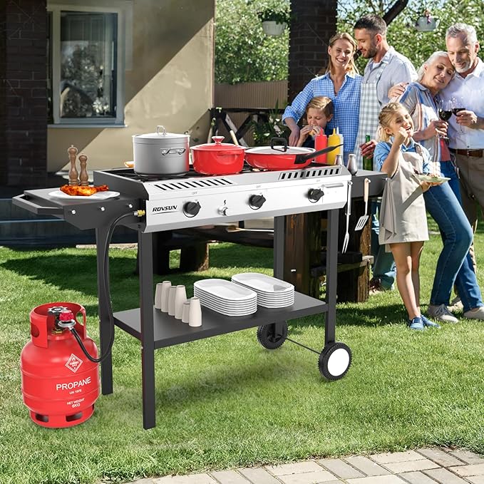 ROVSUN 3 Burner Outdoor Propane Gas Stove with Ignition Regulator &amp Side Shelves 225000 BTU Rolling Gas Stove Outdoor Cooker for Backyard Patio Cooking Home Camping Brewing Canning Turkey Fryin