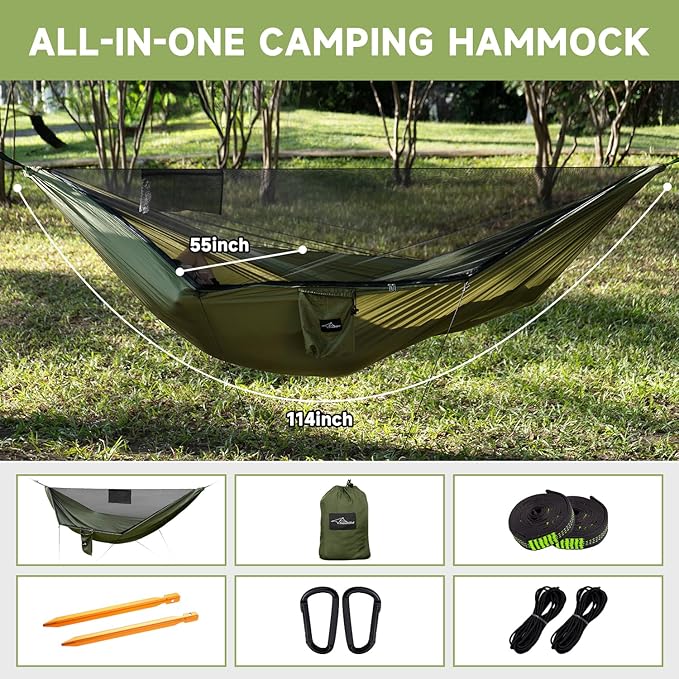 Camping Hammock with Mosquito Net and Ridge Rope Extra Large for 2 Person Lightweight Hanging Hammocks Tree Straps All-in-one Fast Open Hammock for Outside Hiking and Travel