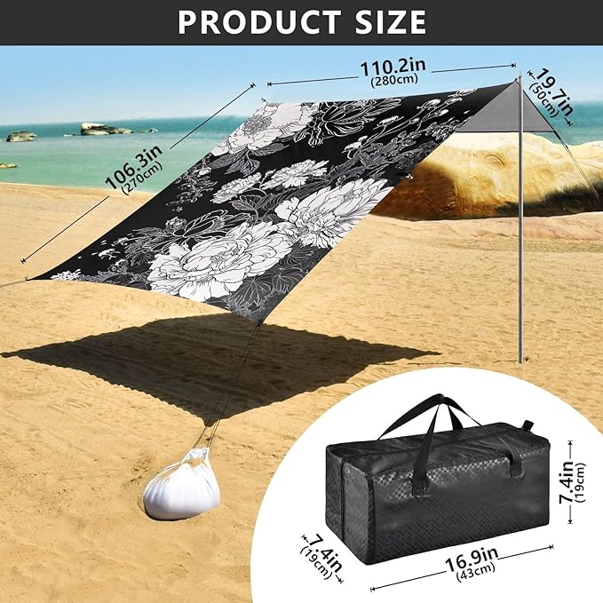 White Flowers Black Beach Tent Sun Shelter 9.2' x 10.5' Beach Canopy with 4 Sandbags 4 Stability Poles Sand Shovels - Tent Canopy for Beach Camping Fishing Picnics