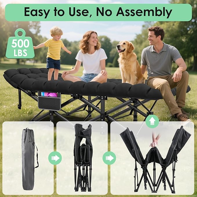 Suteck Camping Cot Folding Camping Cot Bed for Adults Sleeping 1200D Double Layer Oxford Portable Folding Outdoor Cots for Camping W/Soft Pad Carry Bag for Home Office Nap Beach Travel