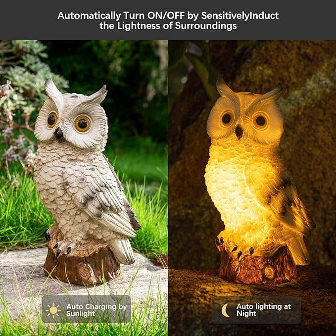 Solar Owl Garden Statues Outdoor Decor Resin Owl Figurine with LED Lights Owl Sculpture for Porch Patio Lawn Yard Decorations Christmas Housewarming Gifts for Women MomWhite Owl