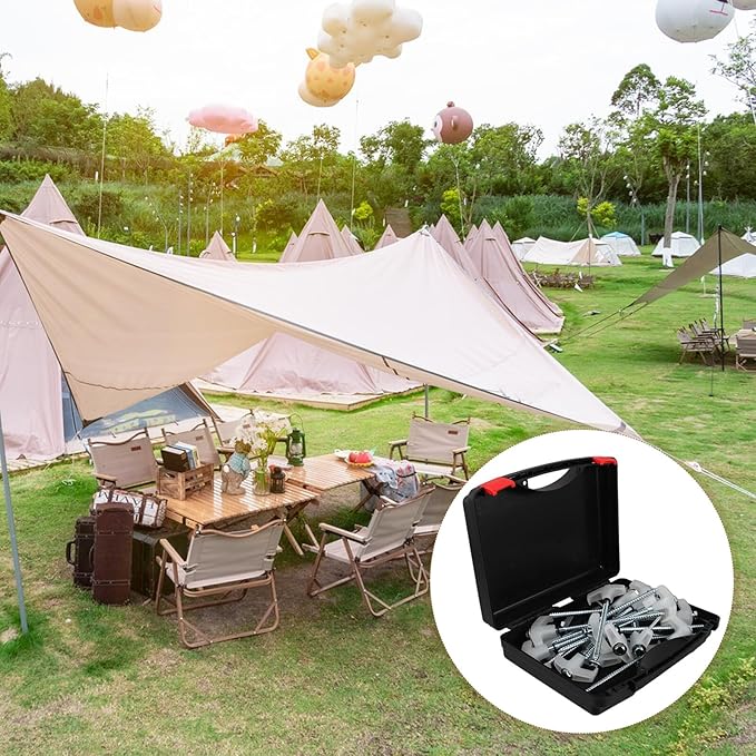 Spiral Fluorescent Tent Stakes 13mm Head Carbon Steel Ground Pegs 20pcs with Sleeve Puller Plastic Case for Camping Beach Tent Anchors