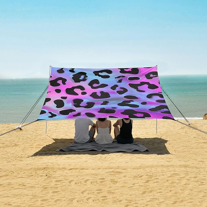 Beach Tent Sun Shelter Purple Laser Leopard Print Lightweight &amp Easy Setup Beach Shade Canopy for Camping Fishing