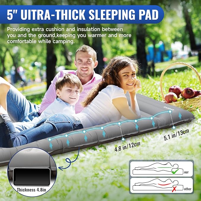 KASIMO Double Sleeping Pad for Camping5 Ultra-Thick 1.4x2M for 2 Person with Pillow Built-in Foot Pump Inflatable Sleeping Mat for Backpacking Hiking Traveling Tent Portable Camping Mat