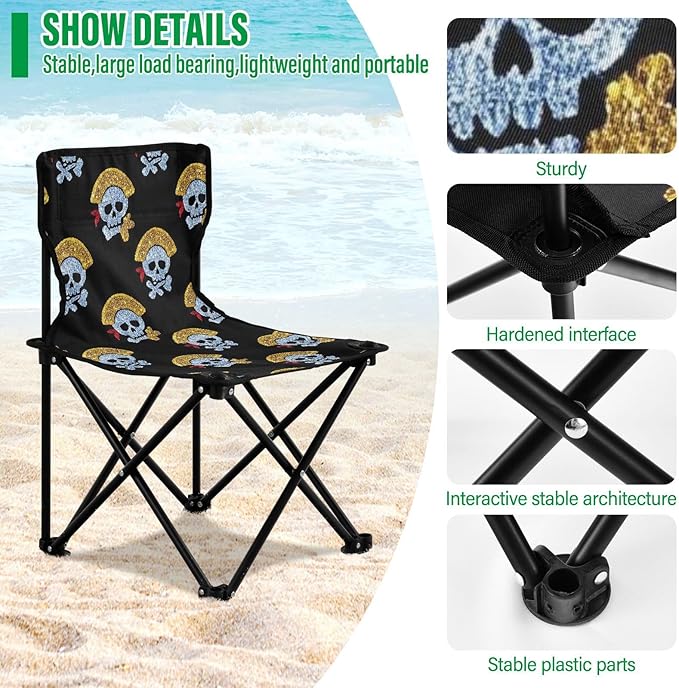 Fake Glitter Cartoon Pirate Skull Black Portable Youth Camping Chair Lightweight Ice Fishing Chairs with Carrying Bag
