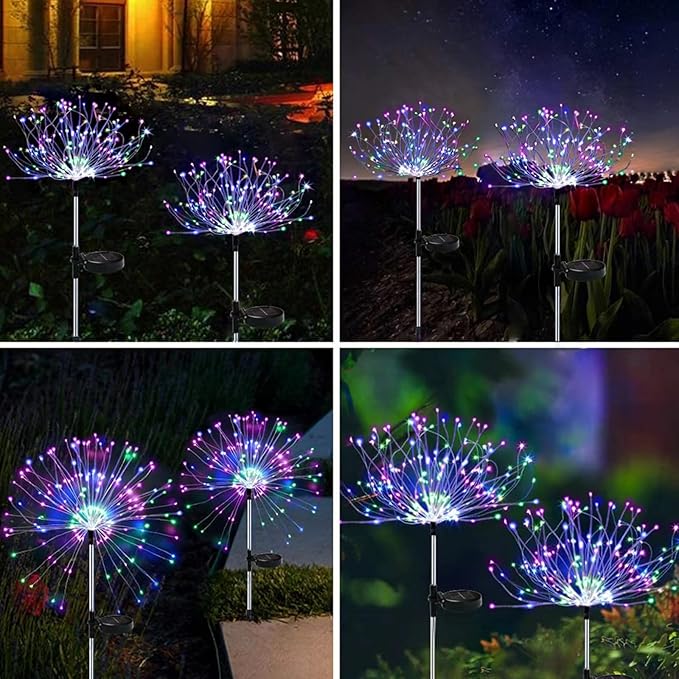 Solar Firework Lights 2Pcs Garden Lights Outdoor Waterproof 120 LED with 8 Modes Twinkling and Steady-On Festive daysStarburst Lights for Path Patio Yard (Colorful)