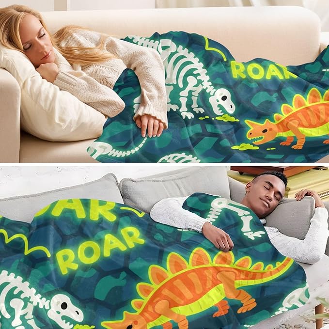 Throw Blankets For Women Roaring T-rex Skull Ankylosaurus Rock Texture Fluorescent Yellow Green Blankets And Throws 50x70