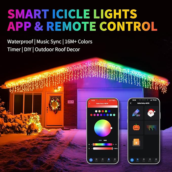 66FT Smart RGB LED Icicle Lights for Outdoor - App Controlled Waterproof Christmas Lights with Music Sync &amp DIY Color Modes for Holiday Party &amp Garden Decoration 608 LED