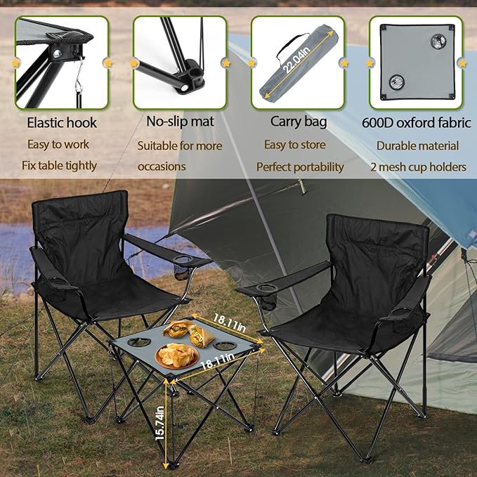 HaSteeL Folding Camping Chair Set of 3 Foldable Black Camp Chairs &amp Grey Table Large Lawn Chair Portable for Adults Hiking Fishing Picnic Outdoor BBQ Travel Sports Cup Holders &amp Storag