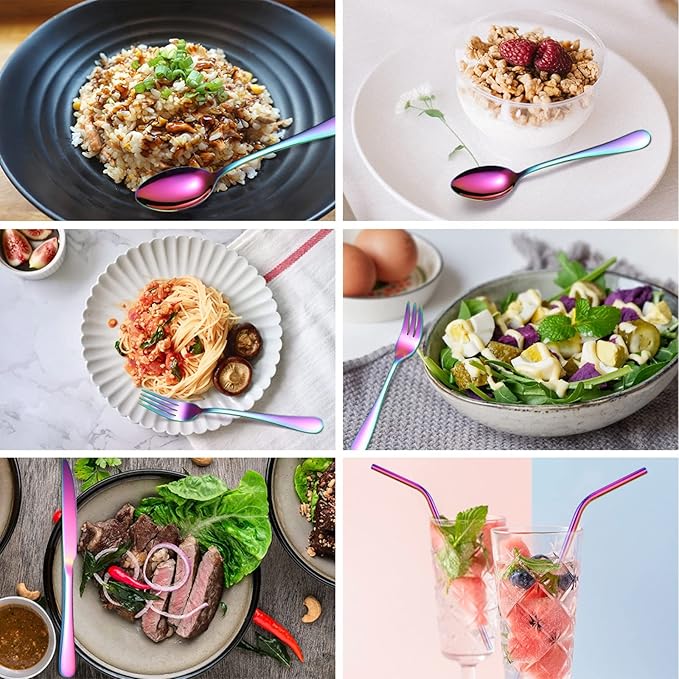 Stainless Steel Silverware Premium Stainless Steel Cutlery Set - Polished Flatware Knife Fork and Spoon Dishwasher Safe Tableware Multi-Colored Design (Multi Colored)